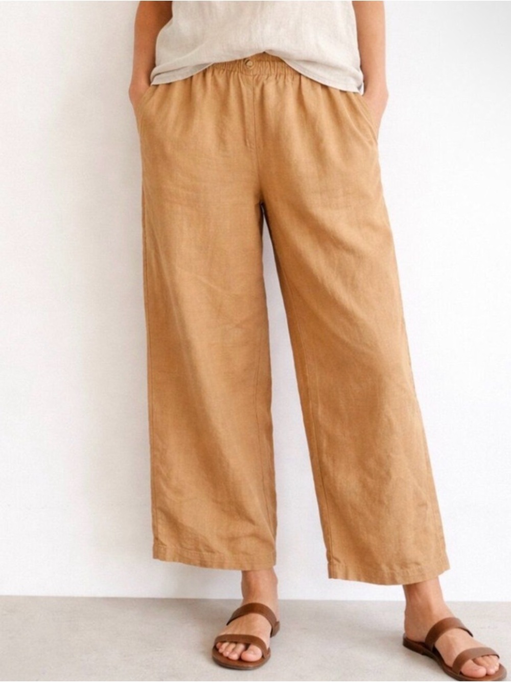 100% Linen Wide Leg Pants Elastic Waist Relaxed Lagenlook Summer Size Medium